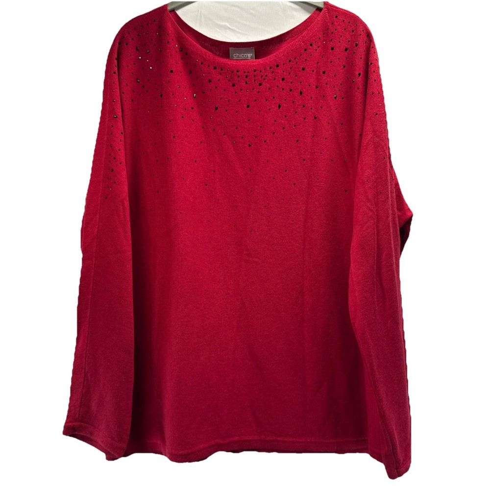 Chicos Women's Sweater Size Large Red Pullover Black Beaded Long Sleeve Pullover